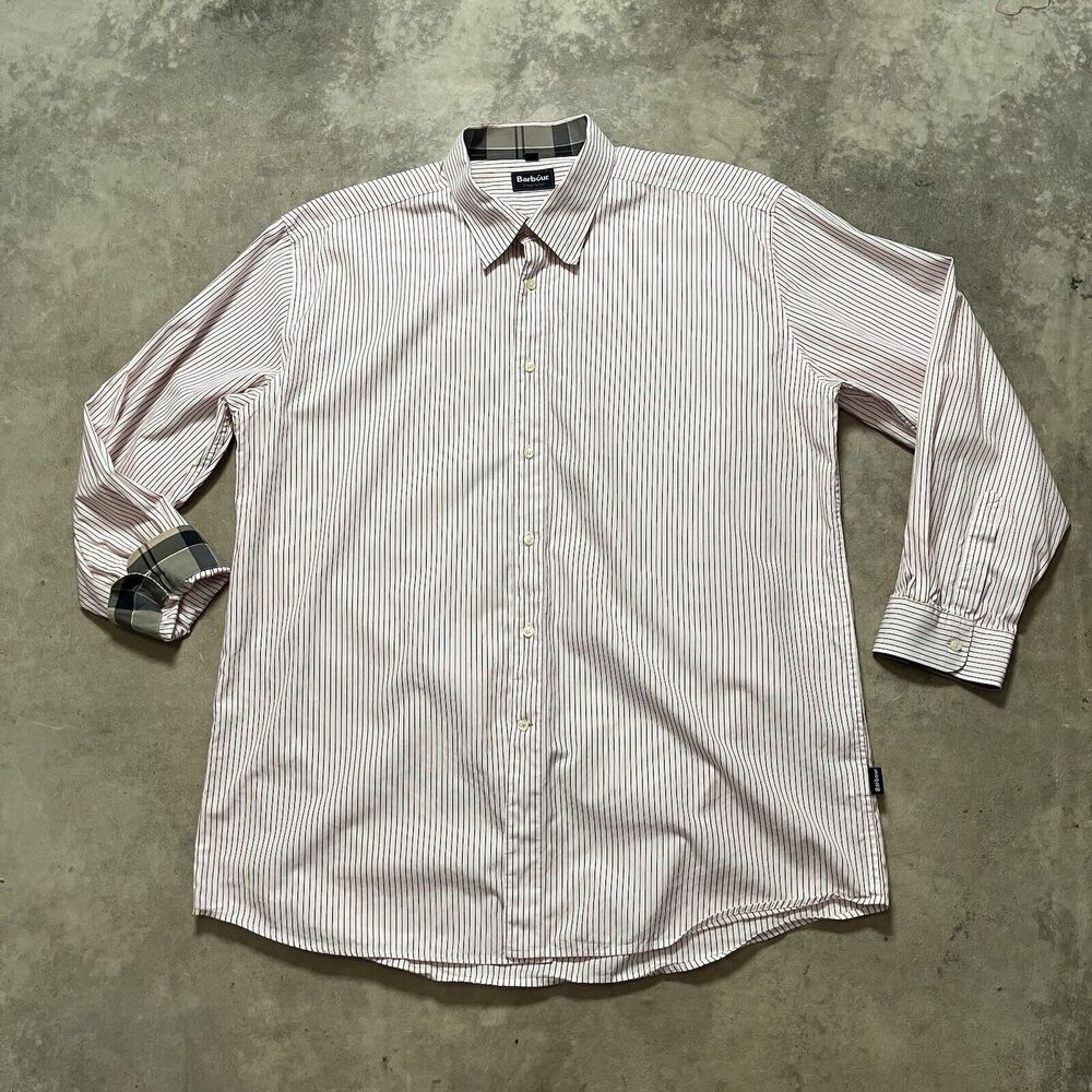 Barbour Shirt‎ Mens XL Red White Stripe Dress Tartan Collared Button Down